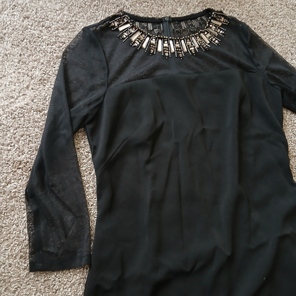 Carmen Marc Valvo Infusion Black Beaded Mesh Yoke Sheath Cocktail Dress
